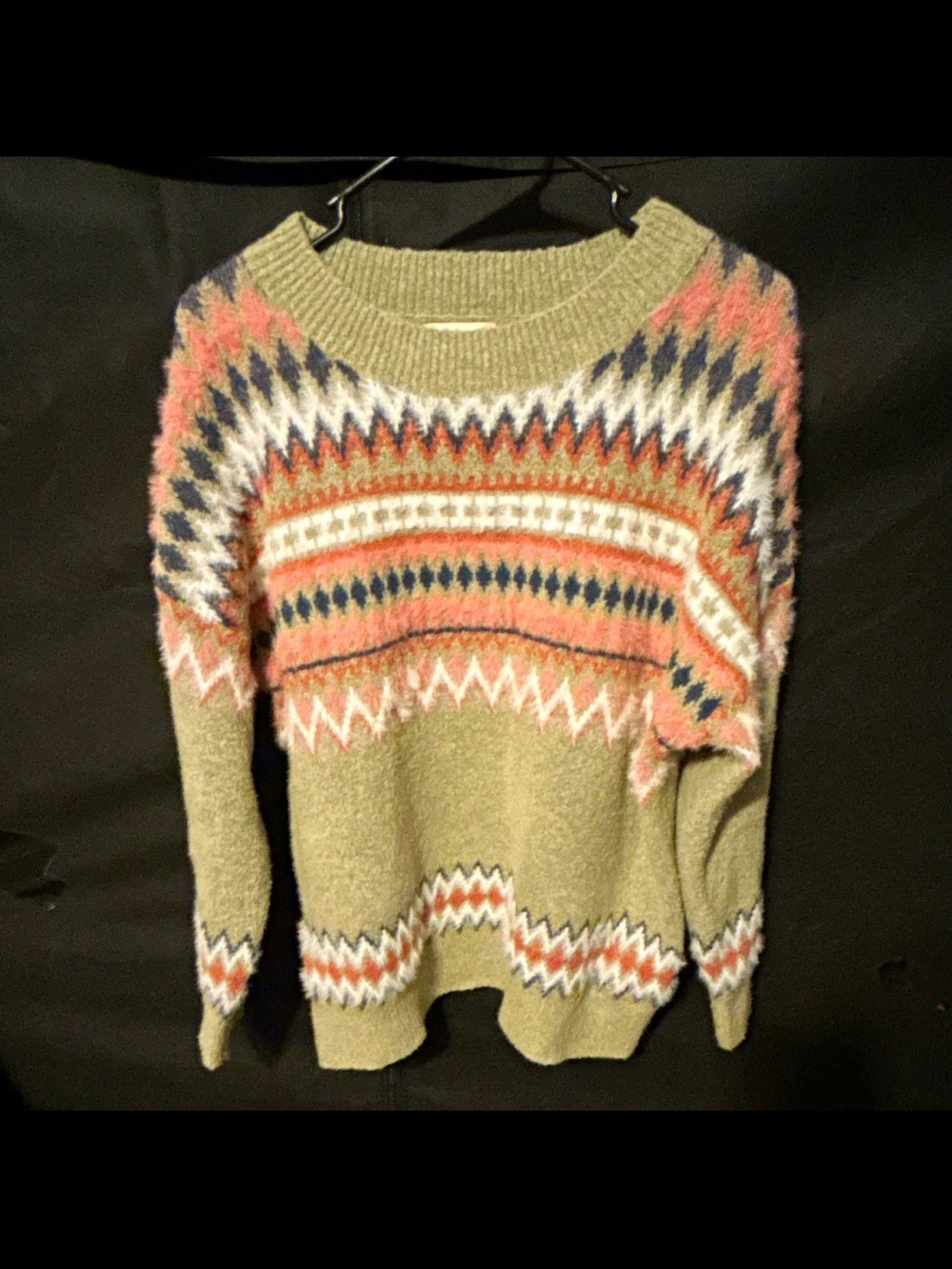Altar'd State Olive Fair Isle Scoopneck Sweater with Pink and Navy Accents